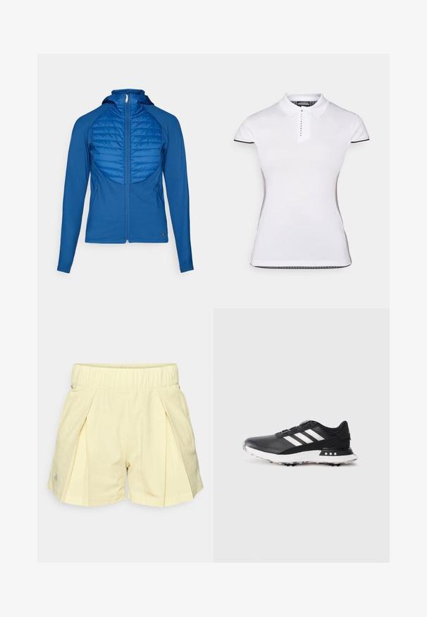 Casaco azul com capuz e painel frontal acolchoado, tecido suave, fecho de correr completo e mangas longas. Apresenta um design ajustado e bolsos laterais.; Camisa polo branca de manga curta, com colarinho e botonadura frontal. Detalhes pretos nas mangas e costuras laterais. Textura suave e lisa.; Calções amarelos pálidos com cintura elástica, apresentando lados pregueados e um tecido texturizado. Pequeno logótipo perto da bainha.; Sapatilha desportiva preta com riscas brancas, parte superior texturizada, bico redondo e sola de borracha branca com pequenas pontas para tração.