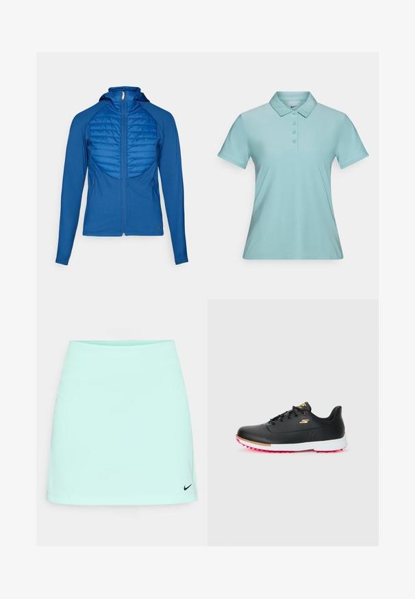 Blå hettegenser med quiltet frontpanel, glatt stoff, hel glidelås og lange ermer. Har en tettsittende design og sidelommer.; Lyseblå polo skjorte med knaplukning, korte ærmer og klassisk krave. Lavet af glat, let stof. Nike-logo på kraven.; Mintgrønn tennis skjørt med en glatt tekstur, har en svart Nike-logo nederst til høyre, designet for atletisk ytelse.; Svart golfsk shoe med hvit såle, rosa pigger, gull "S" logo og svarte snørebånd på en enkel lys bakgrunn.