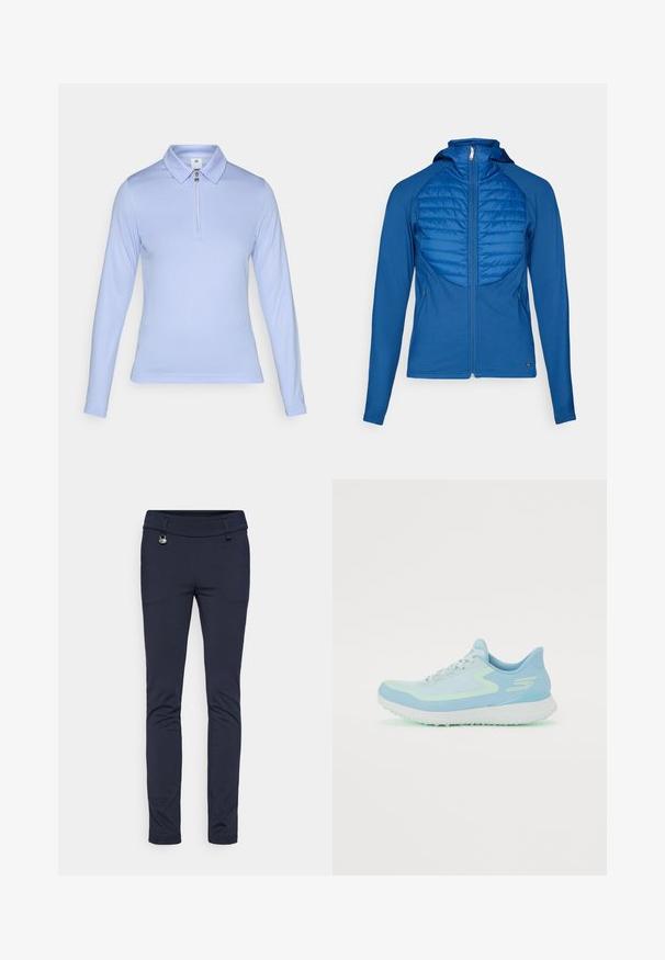 Casaco azul com capuz e painel frontal acolchoado, tecido suave, fecho de correr completo e mangas longas. Apresenta um design ajustado e bolsos laterais.; Camisa de polo de mangas longas azul claro, com gola com fecho de correr, tecido texturizado e um design ajustado para um aspeto aerodinâmico.; Calças ajustadas azul-marinho feitas de tecido elástico, com uma textura suave, detalhes de bolsos frontais e um acabamento em botão metálico.; Sapatilha atlética azul claro com parte superior em malha, biqueira arredondada, sola almofadada e detalhes refletivos. Apresenta atacadores e um calcanhar que oferece suporte.