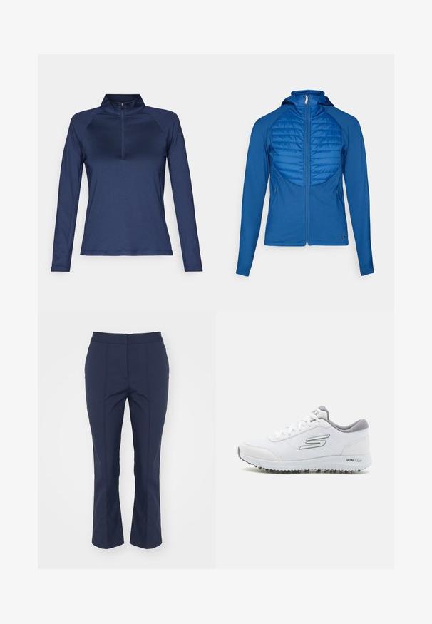 Blue hooded jacket with a quilted front panel, smooth fabric, full zipper, and long sleeves. Features a fitted design and side pockets.; Navy long-sleeve zip-up shirt made from lightweight, stretchy fabric with a quarter-length zipper and raglan sleeves for ease of movement.; Navy tailored pants featuring a straight fit, smooth texture, front pleats, and a mid-rise waistband; no visible pockets or accents.; White athletic shoes with a textured mesh upper, silver accents, and a lightweight sole featuring small traction studs, labeled "ULTRA FLIGHT."