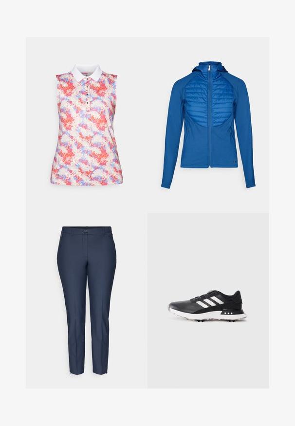 Sininen hupullinen takki, jossa on palotettu etupaneeli, sileä kangas, pitkä vetskari ja pitkät hihat. Ominaisuuksiin kuuluu istuva muotoilu ja sivutaskut.; Hihaton polo paita valkoisella kauluksella, jossa on värikäs abstrakti kuvio pinkissä, sinisessä ja kermassa. Napitus kaulassa.; Navy siniset räätälöidyt kapeat housut, joissa on nappisuljenta, vyölenkit, vetoketjulliset sivutaskut sekä nilkkaveneet molemmissa lahkeissa.; Musta urheilukenkä, jossa on valkoiset raidat, teksturoitu päällinen, pyöreä kärki ja valkoinen kumipohja, jossa on pieniä piikkejä pitoa varten.