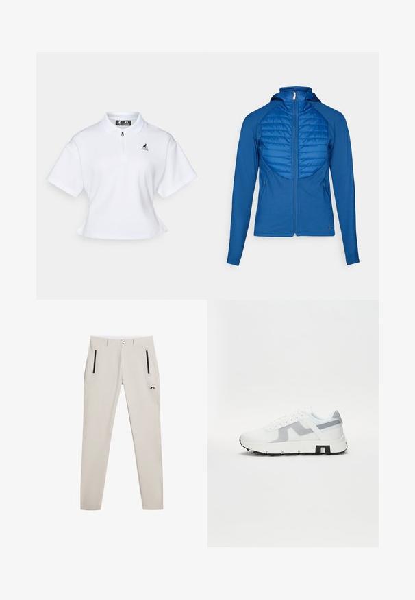 Niebieska kurtka z kapturem, z pikowaną przednią częścią, gładkim materiałem, pełnym zamkiem błyskawicznym i długimi rękawami. Ma dopasowany krój i boczne kieszenie.; Biała krótka koszulka polo z zamkiem na kołnierzyku, krótkimi rękawami i logo na piersi. Wykonana z gładkiego, oddychającego materiału.; Beżowe spodnie slim-fit wykonane z lekkiego materiału; posiadają czarne kieszenie na zamek i małe logo blisko pasa.; Białe sportowe sneakersy z szarymi akcentami, teksturowaną cholewką, grubą podeszwą i kontrastowym czarnym detalem na pięcie. Sznurowane, z panelami z siateczki.