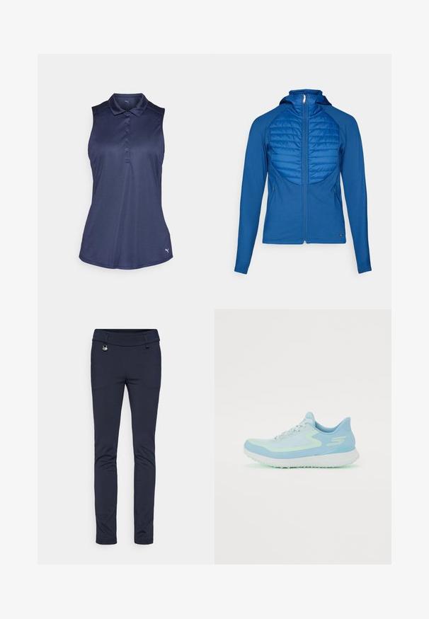 Modrá kapucňová bunda s prešívaným predným panelom, hladkým materiálom, plným zipsom a dlhými rukávmi. Obsahuje priliehavý strih a bočné vrecká.; Námornícka bezrukávová polo košeľa vyrobená z hladkej látky, s gombíkovou légou a jemným logom v dolnom pravom rohu.; Námořnické modré kalhoty na míru vyrobené z elastické látky, s hladkým povrchem, předními kapsami a kovovým knoflíkem jako akcentem.; Svetlomodrá športová obuv s prednou časťou z jemnej sieťoviny, zaoblenou špičkou, polstrovanou podrážkou a reflexnými akcentmi. Obsahuje šnurovanie a podporujúci opätok.