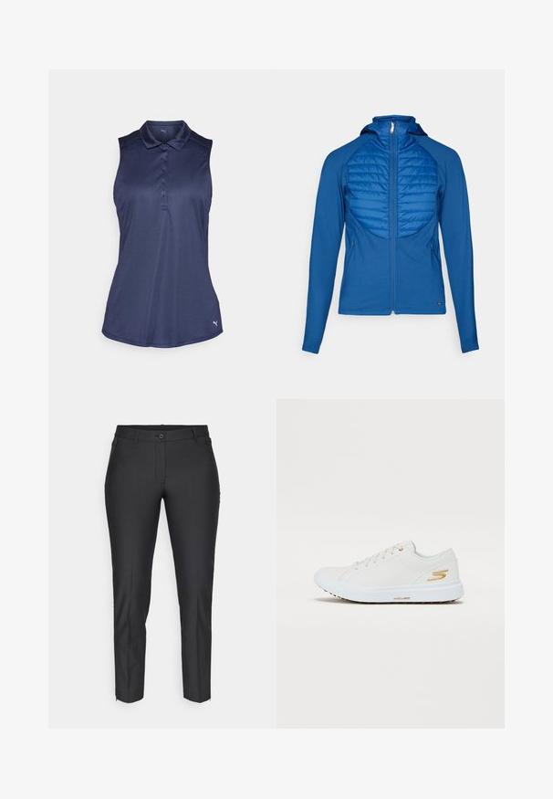 Blå huvmantel med ett kviltat frampanel, slät väv, hel dragkedja och långa ärmar. Har en figursydd design och sidofickor.; Marinblå ärmlös polo med slät tyg, som har en knappslå och en subtil logotyp i nedre högra hörnet.; Svarta skräddarsydda byxor med en slät textur, med knäppning, dragkedja och två sidofickor. Slim fit med avsmalnande ben.; Vita sneakers med slät syntetisk överdel, guld accenter och robust gummisoola. Har rund tå, snörningsdesign och vadderad insida.