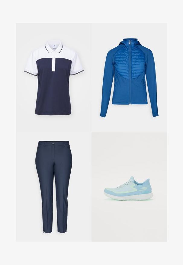 Casaco azul com capuz e painel frontal acolchoado, tecido suave, fecho de correr completo e mangas longas. Apresenta um design ajustado e bolsos laterais.; Daily Sports SICAYA - Polo - navy; Calças slim-fit em azul marinho, com fecho de botão, passantes para cinto, bolsos laterais com fecho de correr e fechos de correr nos tornozelos de ambas as pernas.; Sapatilha atlética azul claro com parte superior em malha, biqueira arredondada, sola almofadada e detalhes refletivos. Apresenta atacadores e um calcanhar que oferece suporte.