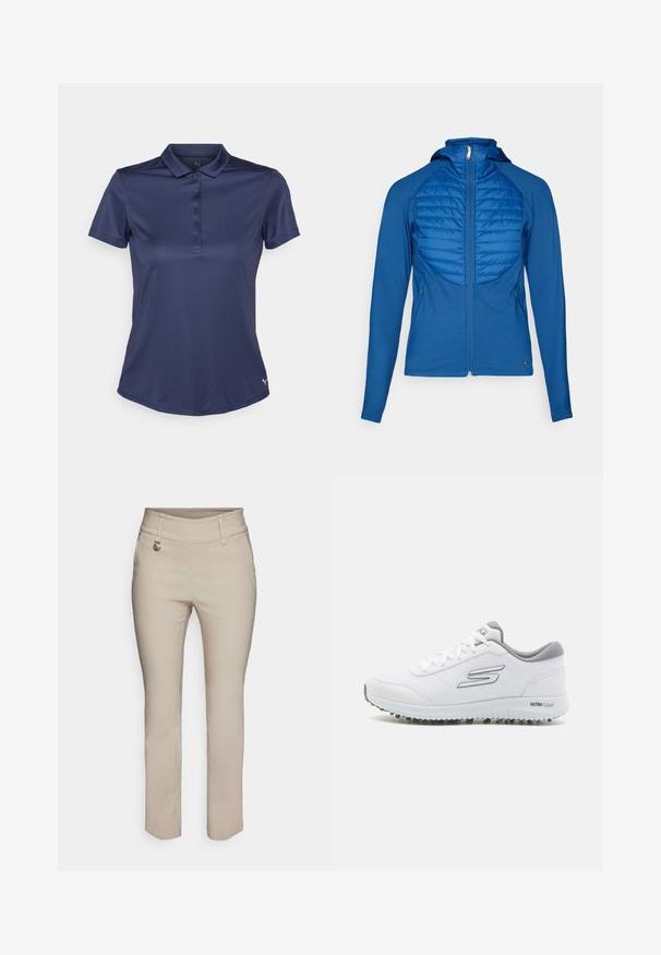 Modrá kapucňová bunda s prošívanou přední částí, hladkým materiálem, plným zipem a dlouhými rukávy. Disponuje přiléhavým střihem a bočními kapsami.; Námořnické polo tričko s krátkými rukávy, s límečkem, pěti knoflíky a zaobleným lemem. Vyrobeno z hladkého, lehkého materiálu. Na lemu se nachází logo.; Béžové kalhoty na míru s mírně zvýšeným pasem, předními kapsami a stříbrným detailem. Hladká látka se střihem rovného nohavice.; Bílé sportovní boty s texturovaným síťovým svrškem, stříbrnými akcenty a lehkou podrážkou se začínajícími trakčními hroty, označené "ULTRA FLIGHT."