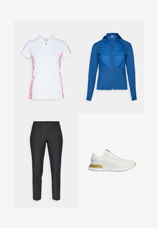 Zila kapuce ar quilted priekšējo paneli, gluda auduma, pilna rāvējslēdzēja un garām piedurknēm. Iespējo ietilpīgu dizainu un sānu kabatas.; Balts polo krekls ar īsām piedurknēm, ar rāvējslēdzēja apkakli un rozā abstraktu rakstu sānos. Izgatavots no teksturēta auduma.; Melni pielāgoti bikses ar gludu tekstūru, ar pogu aizdari, rāvējslēdzēja priekšpusi un divām sānu kabatām. Šaura piegriezuma ar sašaurinātām kājām.; Biezi sporta apavi ar teksturētām virsmām, ar trim diagonālām svītrām, bezē krāsas akcentu uz papēža un rakstainu zoli, kas nodrošina saķeri.