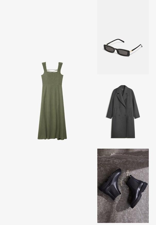 Tummanharmaa pitkä villainen kaksirivinen takki leveillä kauluksilla ja kahdella sivutaskulla, aseteltuna litteänä valkoista taustaa vasten.; Oliivinvihreä, hihaton maksimekko, jossa on tekstuurilla varustetut röyhelöhihnat ja neliönmuotoinen pääntie; sisältää sivuraon liikkumisen helpottamiseksi.; Mustat nilkkurit joissa on paksu pohja, elastiset paneelit ja sileä nahkapinta. Huomattava uritettu pohja ja tyylikäs siluetti.; Mustat suorakulmion muotoiset aurinkolasit tummilla linsseillä, kiiltävillä muovikehyksillä ja kultaisilla yksityiskohdilla temppeleissä. Minimalistinen muotoilu ja virtaviivainen malli.; Mustavektori nahka käsilaukku kahdella kahvalla, kiinni ommeltu pieni pussi ja vetoketjukiinnitys, esillä valkoisella taustalla.