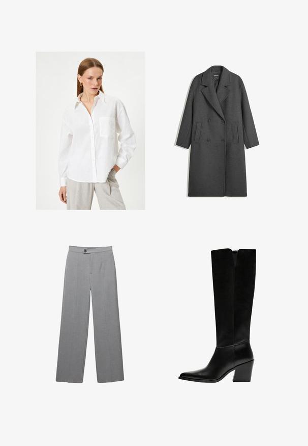 Dunkelgrauer, langer Woll-Mantel mit doppelter Knopfleiste, breiten Revers und zwei Seitentaschen, flach auf weißem Hintergrund präsentiert.; Weißes Leinenhemd mit durchgehender Knopfleiste, langen Ärmeln und einer Brusttasche. Verfügt über einen klassischen Kragen und einen lässigen Schnitt.; Graue maßgeschneiderte Hosen mit weitem Bein, flacher Front und subtiler Textur. Mit einem einzigen Knopfverschluss und klaren Linien.; Schwarze kniehohe Stiefel aus glattem Leder, mit spitzem Schuhbund, einem Blockabsatz und einem V-förmigen Ausschnitt an der Oberseite.