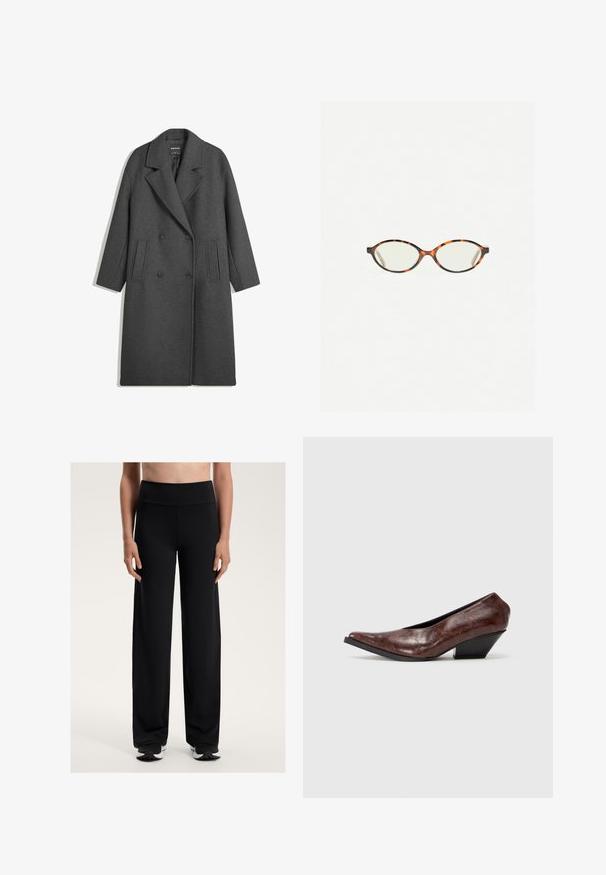 Tmavošedý dlhý dvojradový vlnený kabát so širokými klopami a dvoma bočnými vreckami, vystavený na bielom pozadí.; Stradivarius ASYMMETRICAL - Blúzka - white; Čierne široké športové nohavice s vysokým pásom. Vyrobené z hladkej, elastickej tkaniny, ponúkajú voľný strih a subtílnu textúru.; Hnedá kožená lodička na vysokom opätku s špicatou špičkou a uhlovým čiernym klinom. Povrch má textúrovaný finiš s jemnými farebnými variáciami.; Korytnačkové okuliare s oválnymi šošovkami a hladkým, lesklým povrchom. Majú tenké strany s jemným zakrivením na spánkoch. Priehľadné šošovky.; Červená kožená taška cez rameno s zakriveným dizajnom, hladkou textúrou a zipsovým uzáverom. Obsahuje tenký popruh na nosenie.