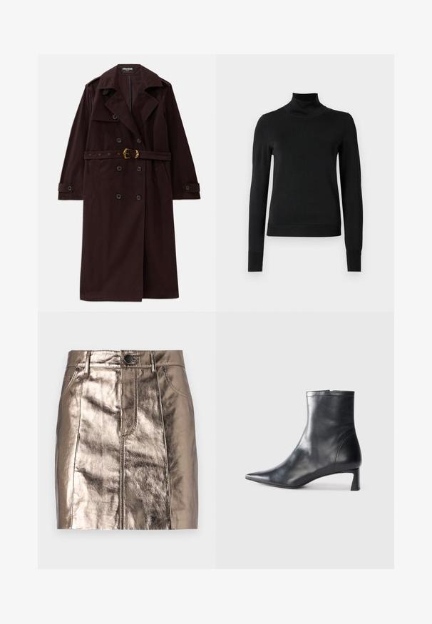 Trench coat bordeaux de dupla face com cintura cinto, gola encaixada e bolsos frontais. Feito de um tecido durável com uma textura suave.; Sweater preto de manga longa com gola alta, com punhos e bainha canelados, exposto em um fundo branco liso.; Saia mini em denim bronze metálico com um corte reto, bolsos frontais e uma cintura com fecho de botão. Textura suave e brilhante.; Bota de tornozelo em pele preta com biqueira apontada e um design elegante. Apresenta um salto baixo e um fecho com zipper na parte de trás. Textura suave.