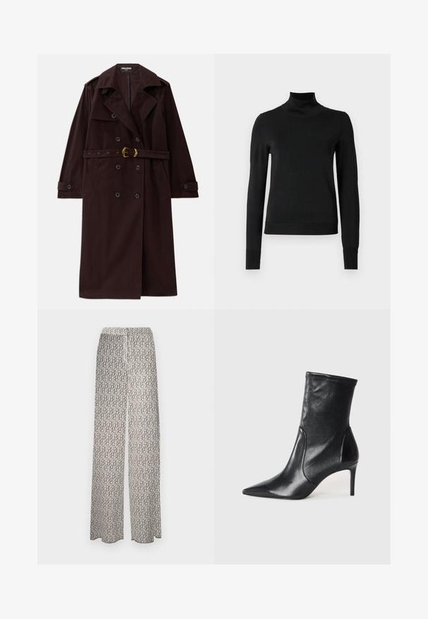 Manteau trench double-breasted bourgogne avec une taille ceinturée, un col cranté et des poches avant. Fabriqué à partir d'un tissu durable au toucher lisse.; Pull à col roulé noir à manches longues avec des poignets et un ourlet côtelés, présenté sur un fond blanc uni.; Un pantalon large en tissu léger présentant un motif abstrait répétitif dans des tons terreux. Taille élastique pour le confort, sans détails supplémentaires.; Bottes noires à la cheville en cuir lisse, dotées d'un bout pointu, d'un tige ajustée et d'un talon haut fin. Design minimaliste sans quincaillerie visible.