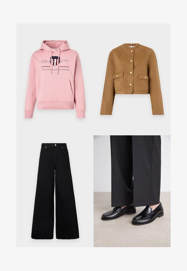 Gekürzter brauner Wollmantel mit rundem Ausschnitt, goldenen Knöpfen und zwei vorderen Klappentaschen. Glatte Textur, minimalistisches Design.; GANT ARCHIVE SHIELD HOODIE - Sweatshirt - geranium pink; Schwarze, weit geschnittene Jeans aus Denim mit hoher Taille, zwei vorderen Taschen und goldenen Hardware-Akzenten am Taillenbund.; Schwarze Lederloafers mit glatter Oberfläche, genähten Details um die Zehen und einer niedrigen Gummisohle. Kombiniert mit weiten schwarzen Hosen.