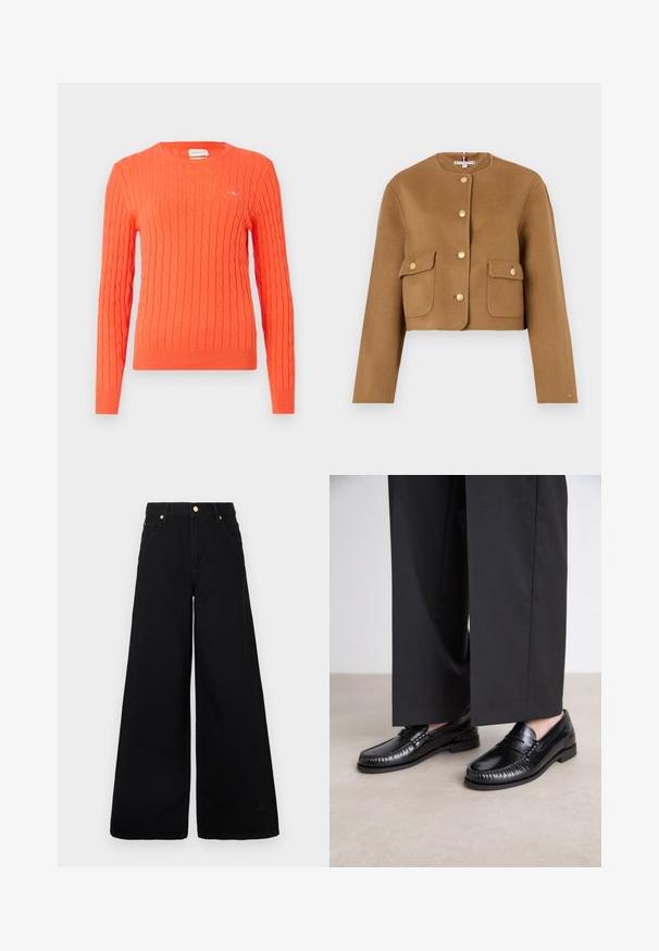 Skraćena smeđa vuna jakna s okruglim izrezom, zlatnim gumbima i dva prednja džepa s preklopom. Glatka tekstura, minimalistički dizajn.; Narančasti pleteni pulover s uzorkom žice, okruglim izrezom i rebrastim rukavima. Ima mali logo na prsima.; Crne široke traperice s visokim strukom, s dva prednja džepa i zlatnim detaljima na pojasu.; Crne kožne mokasine s glatkom završnom obradom, prošivene detalje oko nožnog prsta i niskim gumeni potplat. Uparuđene s širokim crnim hlačama.