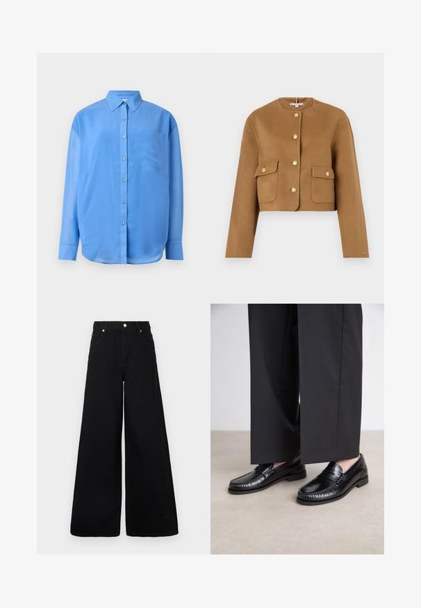 Korte bruine woljack met een ronde halslijn, gouden knopen en twee voorzakken met klep. Gladde textuur, minimalistisch ontwerp.; Blauwe button-up shirt met een kraag, lange mouwen en een enkele borstzak. Gemaakt van gladde stof met een lichte glans.; Zwarte wijde jeans van denim, met een hoge taille, twee voorkruiszakken en gouden hardwareaccenten bij de tailleband.; Zwarte leren instappers met een gladde afwerking, gestikte details rond de teen en een lage rubberen zool. Gepaard met brede zwarte broeken.