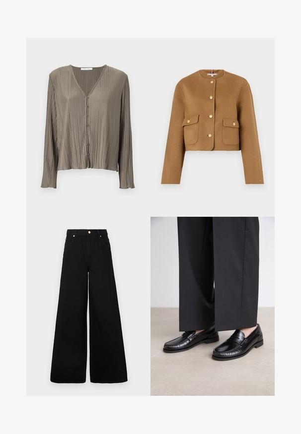 Gekürzter brauner Wollmantel mit rundem Ausschnitt, goldenen Knöpfen und zwei vorderen Klappentaschen. Glatte Textur, minimalistisches Design.; Faltige Bluse mit langen Ärmeln in Olivgrün, mit einem V-Ausschnitt und sechs Knöpfen auf der Vorderseite. Glatte, glänzende Textur.; Schwarze, weit geschnittene Jeans aus Denim mit hoher Taille, zwei vorderen Taschen und goldenen Hardware-Akzenten am Taillenbund.; Schwarze Lederloafers mit glatter Oberfläche, genähten Details um die Zehen und einer niedrigen Gummisohle. Kombiniert mit weiten schwarzen Hosen.