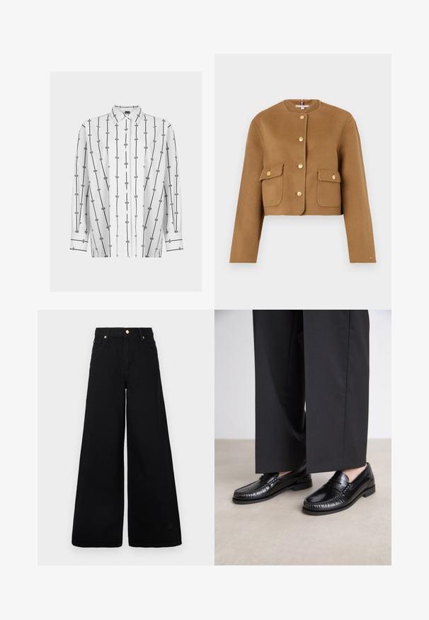 Giacca in lana marrone tagliata, con scollatura rotonda, bottoni dorati e due tasche piano frontali. Texture liscia, design minimalista.; Camicia bianca con bottoni, caratterizzata da linee verticali nere e motivi geometrici. Maniche lunghe con dettagli neri ai polsini. Tessuto dalla texture liscia.; Jeans neri a gamba larga in denim, con vita alta, due tasche frontali e dettagli in metallo dorato in vita.; Mocassini in pelle nera con una finitura liscia, dettagli cuciti attorno alla punta e suola in gomma bassa. Abbinati a pantaloni neri larghi.