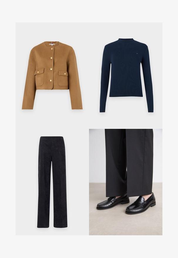 Giacca in lana marrone tagliata, con scollatura rotonda, bottoni dorati e due tasche piano frontali. Texture liscia, design minimalista.; Maglione a maniche lunghe blu navy con colletto a dolcevita, texture a coste, caratterizzato da un piccolo logo sul petto, con un design aderente e scollatura rotonda.; Pantaloni corduroy grigi scuri con un design a gamba dritta, caratterizzati da una superficie a coste testurizzate e da una cintura elastica per il comfort.; Mocassini in pelle nera con una finitura liscia, dettagli cuciti attorno alla punta e suola in gomma bassa. Abbinati a pantaloni neri larghi.