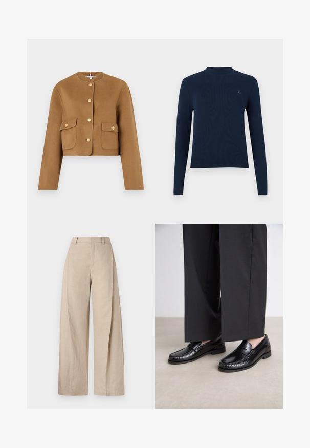 Kuttet brun ulljakke med rund hals, gullknapper og to frontlommer med klaff. Glatt tekstur, minimalistisk design.; Mørkeblå langermet genser med høy hals, ribbestruktur, med et lite logo på brystet, med en tettsittende design og rund hals.; Beige linbukser med vide ben og høy midje, med en glatt tekstur og rene linjer, designet for en avslappet passform.; Sorte skinnloafere med en glatt overflate, sydd detaljer rundt tåen, og en lav gummisåle. Kombinert med vide svarte bukser.