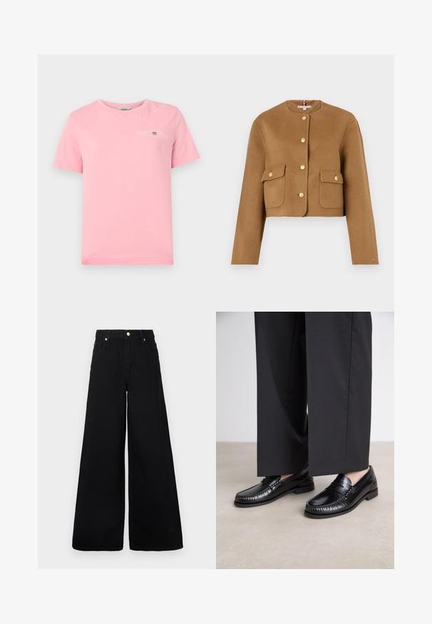 Fyldt brun uldjakke med rund halsudskæring, guldknapper og to frontlommer med klap. Glat tekstur, minimalistisk design.; Lyserød bomulds T-shirt med rund halsudskæring, korte ærmer og et hvidt logo på brystet. Glat tekstur med lige nederkant.; Sorte breddebenede jeans lavet af denim, med høj talje, to frontlommer og gyldne hardware-detaljer ved taljen.; Sorte læder loafers med en glat finish, syet detaljering omkring tæerne og en lav gummisål. Sammen med brede sorte bukser.