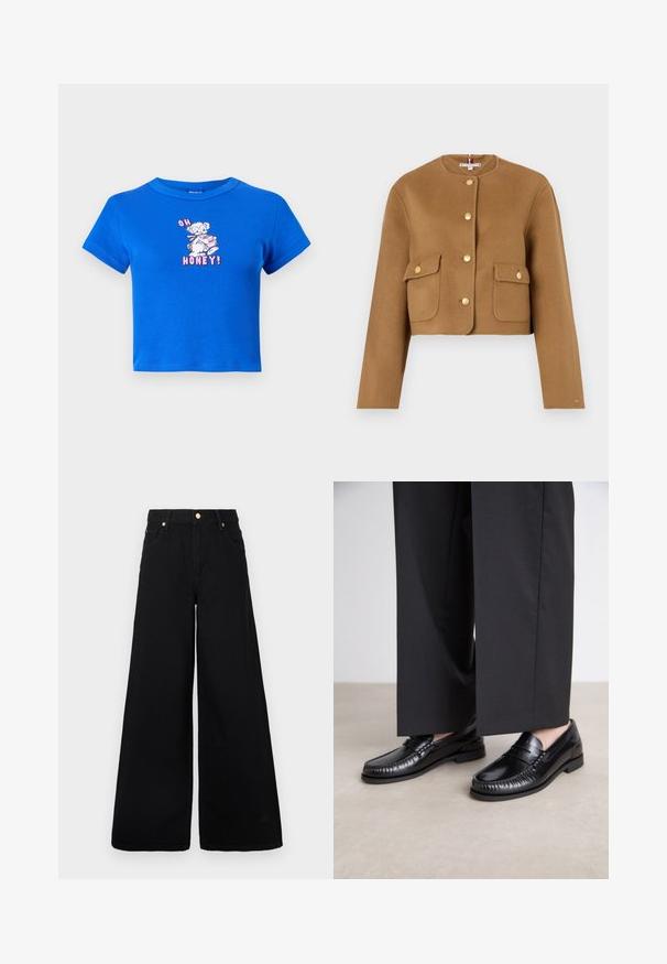 Gekürzter brauner Wollmantel mit rundem Ausschnitt, goldenen Knöpfen und zwei vorderen Klappentaschen. Glatte Textur, minimalistisches Design.; Blaues cropped T-Shirt aus Baumwolle mit einem Frontgrafik eines Bären und dem Text "OH HONEY!" in Pink. Kurze Ärmel und Rundhalsausschnitt.; Schwarze, weit geschnittene Jeans aus Denim mit hoher Taille, zwei vorderen Taschen und goldenen Hardware-Akzenten am Taillenbund.; Schwarze Lederloafers mit glatter Oberfläche, genähten Details um die Zehen und einer niedrigen Gummisohle. Kombiniert mit weiten schwarzen Hosen.