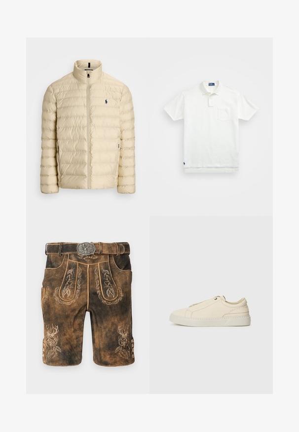 Light beige puffer jacket with a high collar, horizontal quilted design, and a blue emblem on the left chest. Features a front zipper and side pockets.; White polo shirt made of cotton, featuring a classic collar, three-button placket, and a left chest pocket; small logo at the hem.; Brown leather shorts featuring intricate embroidery and a silver buckled belt. Detailed with leaf patterns and a stag design on the side.; Beige leather sneaker with a rounded toe, minimalistic design, subtle stitching details, and a textured upper, on a light sole.