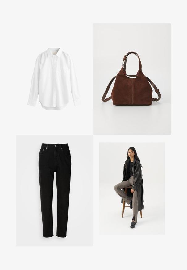 Beżowa bawełniana sukienka z kołnierzykiem, krótkimi rękawami, paskiem w talii i guzikami na ramionach. Posiada rozcięcie z przodu.; Biała koszula z długim rękawem, wykonana z bawełny, z kołnierzykiem zapinanym na guziki, kieszenią na froncie oraz zaokrąglonym dołem. Gładka faktura i klasyczny design.; Czarne dżinsy o wysokim stanem, proste nogawki, przednie kieszenie i metalowe zapięcie. Gładka tekstura i minimalistyczny design.; Czarny skórzany trencz z guzikami i detalem pasa, w połączeniu z jasnobrązowymi dopasowanymi spodniami i czarnymi loafersami, siedzący na drewnianym stołku.; Brązowa torebka z zamszu o uporządkowanej konstrukcji, z podwójnymi uchwytami i odpinanym skórzanym paskiem na ramię. Dodatki w srebrnym kolorze.
