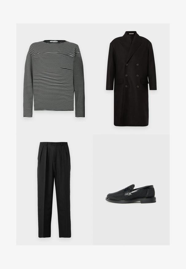 Černý vlněný kabát se dvěma řadami knoflíků, širokým klopovým límcem, dvěma předními kapsami a šesti kulatými černými knoflíky. Hladká textura, střední délka.; Dlouhý rukáv pruhované tričko v černé a bílé barvě, se zaobleným výstřihem a malou náprsní kapsičkou na levé straně. Hladká bavlněná tkanina.; Černé skládací kalhoty s upraveným střihem, vyrobené z hladkého materiálu, s knoflíkovým zapínáním a rovnými nohavicemi.; Černé pletené nazouvací boty s hladkým koženým akcentem na svršku, kulatou špičkou a nízkoprofilovou gumovou podrážkou.