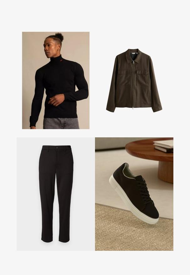 Brun jacka av vävt tyg, med krage, framdragkedja, två stora bröstfickor och rak skärning med långa ärmar.; Svart polotröja i ribbat material med långa ärmar. Har en liten röd logotyp vid halsen. Kombinationen bärs med grå jeans.; Svarta byxor av lättviktig tyg, med rak benpassform, framknäppning, bälteshällor och sidofickor.; Svart sneakers med vit sula svävande över en beige texturerad matta nära ett runt träbord med staplade böcker.