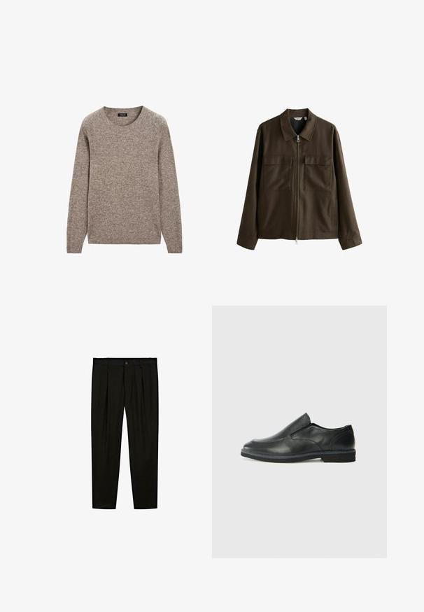 Giacca marrone realizzata in tessuto intrecciato, con colletto, zip frontale, due grandi tasche sul petto e una vestibilità dritta con maniche lunghe.; Maglione marrone lavorato a maglia con scollo rotondo, maniche lunghe e finitura strutturata. Il tessuto sembra morbido e leggermente spesso.; Pantaloni neri su misura realizzati in tessuto liscio. Caratteristiche includono frontale piatto, gambe larghe e chiusura con bottone in vita.; Scarpa nera in pelle con inserto scivolare, superiore liscio, dettagli cuciti, punta arrotondata e tacco in gomma basso. La suola presenta un battistrada minimale.