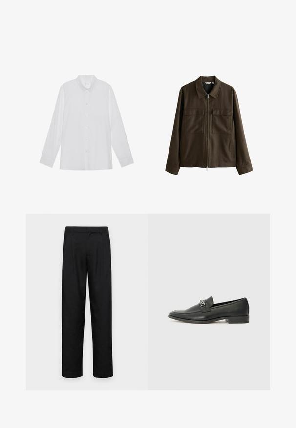 Brūns jaciņa, kas izgatavota no auduma, ar apkakli, priekšējo rāvējslēdzi, divām lielām krūšu kabatām un taisnu griezumu ar garām piedurknēm.; Balta ilga piedurkne krekls, izgatavots no gludas auduma, ar norādītu apkakli, priekšējo pogu aizdari un vienas pogas aprocēm.; Melnas bikses, izgatavotas no gludas auduma, ar taisnu kāju dizainu, divām priekšējām krokām un standarta jostu, kurai ir āķi.; Melna ādas loafer izmēra apavi ar gludu virsmu, piedāvā ar šūtu dizainu un dekoratīvu metāla ķēdes akcentu pār vampu. Plakana papēža daļa.