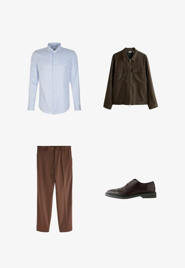 Brązowa kurtka wykonana z tkaniny o splocie, z kołnierzykiem, zamkiem z przodu, dwoma dużymi kieszeniami na piersi oraz prostym krojem z długimi rękawami.; Męska koszula z długim rękawem, w jasnoniebieskie i białe paski, z zapięciem na guziki, klasycznym kołnierzykiem, z bawełnianej tkaniny, o gładkiej fakturze, z zaokrąglonym dołem.; Brązowe spodnie o dopasowanym kroju, gładkiej fakturze, prostej nogawce, z szlufkami na pasek oraz jednym fałdowaniu z przodu. Bez widocznych kieszeni ani akcentów.; Ciemno burgundowe skórzane półbuty zapinane na sznurowadła z okrągłym noskiem, płaską czarną podeszwą, minimalną ilością przeszyć oraz gładką fakturą.