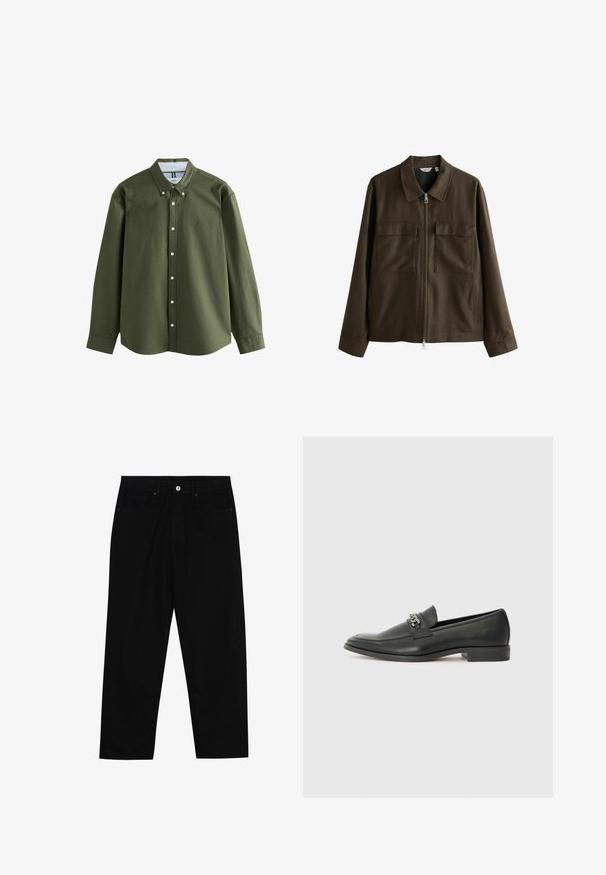 Bruine jas van geweven stof, met een kraag, een ritssluiting aan de voorkant, twee grote borstzakken en een rechte snit met lange mouwen.; Olijfgroene langemouwen shirt met een button-down kraag, frontknopen en een klein geborduurd logo. Zachte stof met een gestructureerd ontwerp.; Zwarte denim broek met een recht gesneden pasvorm, vijf gebruikersvriendelijke zakken en een sluiting met een knoop aan de voorkant. Soepele textuur met minimale stikdetails.; Zwarte leren instapper met een gladde afwerking, voorzien van een gestikt ontwerp en een decoratieve metalen kettingaccent over de wreef. Platte hak.