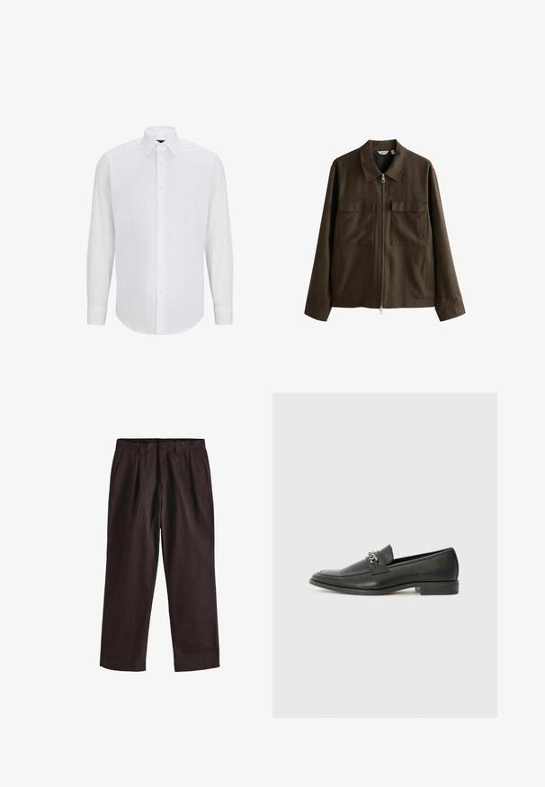 Hnedá bunda vyrobená z tkaného materiálu, s golierom, predným zipsom, dvoma veľkými vreckami na hrudi a rovnými rukávmi.; Biela košeľa s dlhým rukávom vyrobená z hladkej látky so štandardným golierom, predným zapínaním na gombíky a zaobleným lemom. Bez viditeľných vzorov alebo akcentov.; Next EDIT - REGULAR FIT - Nohavice - brown; Čierne kožené loafers s hladkým povrchom, s prešitým dizajnom a dekoratívnym kovovým reťazovým akcentom cez priehlavok. Plochý podpätok.
