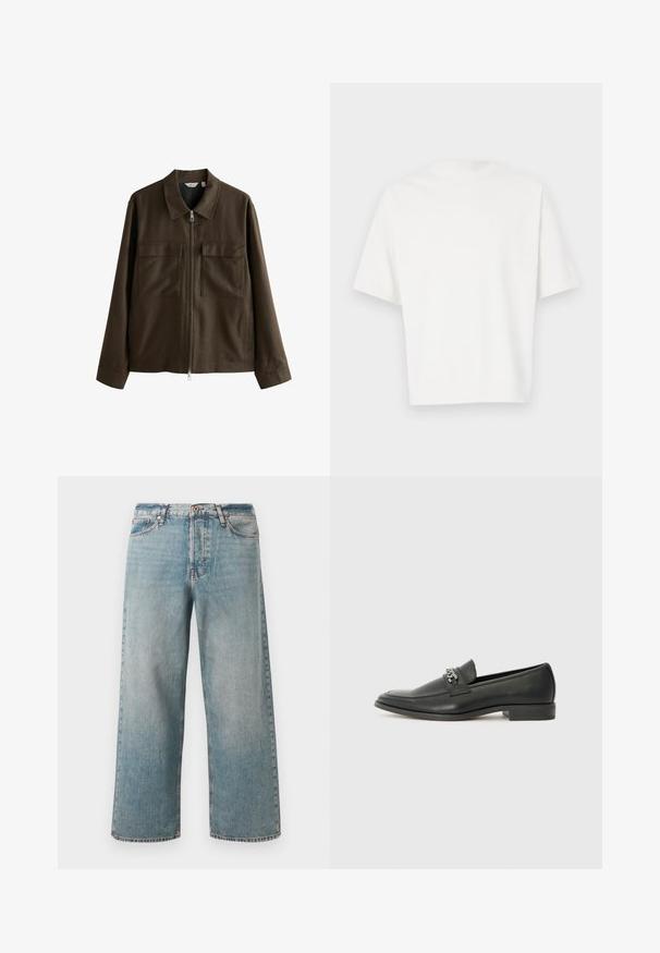 Ruda striukė iš audinio, su apykakle, priekyje su užtrauktuku, dviem didelėmis krūtinės kišenėmis ir tiesiu pasiuvimu su ilgomis rankovėmis.; Balta trumpa rankovėmis marškinėliai, pagaminti iš minkštos medžiagos. Aplink kaklą, laisvas kirpimas ir paprastas dizainas be puošmenų ar raštų.; Šviesiai mėlynos, aukštu liemeniu, plačios kojos džinsai su priekyje esančiu užtrauktuku ir mygtuku, penkiais kišenėmis ir išblukusiu audiniu.; Juodos odinės loafer tipo bateliai su lygiu paviršiumi, turintys siuvinėtą dizainą ir dekoratyvų metalo grandinėlės akcentą ant batų viršaus. Plokščias kulnas.