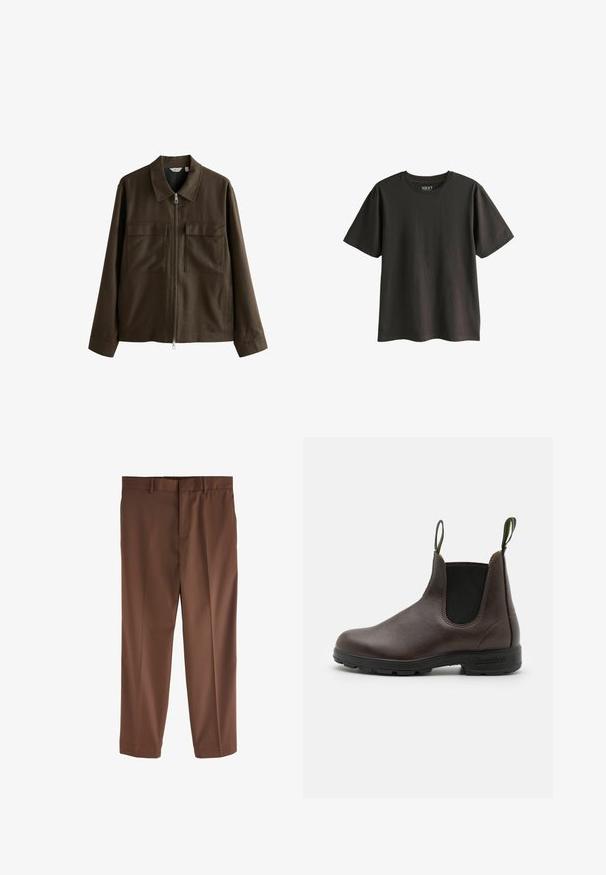Chaqueta marrón hecha de tejido tejido, con cuello tipo camisa, cremallera frontal, dos grandes bolsillos en el pecho y un corte recto con mangas largas.; Camiseta de corte corto de color gris oscuro, fabricada en algodón. Presenta un cuello redondo y un ajuste holgado, con una textura suave y sin patrones visibles.; Pantalones de traje marrones con una textura suave, diseño de pierna recta, trabillas para cinturón y un solo pliegue delantero. Sin bolsillos visibles ni acentos.; Bota chelsea de cuero marrón con paneles elásticos laterales, tiradores en la parte superior y una suela de goma duradera, con un acabado suave.