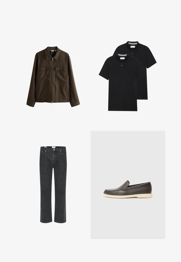 Rjava jakna iz tkanine, z ovratnikom, sprednjim zadrgo, dvema velikima žepoma na prsih ter ravnim krojem in dolgimi rokavi.; Dve črne polo majice, kratke rokave, iz bombažnega materiala, z klasik ovratnikom, dvobodno zaponko in belimi črtkami znotraj ovratnika.; Črne jeans hlače z ravnim krojem, petimi žepi in kontrastnim šivom. Tkanina ima rahlo zbledelega videza.; Rjav usnjeni čevlji za enostavno obuvanje z grobim površjem in kontrastnim svetlobezžnim podplatom, s zaobljenim nosom in minimalnimi šivi.