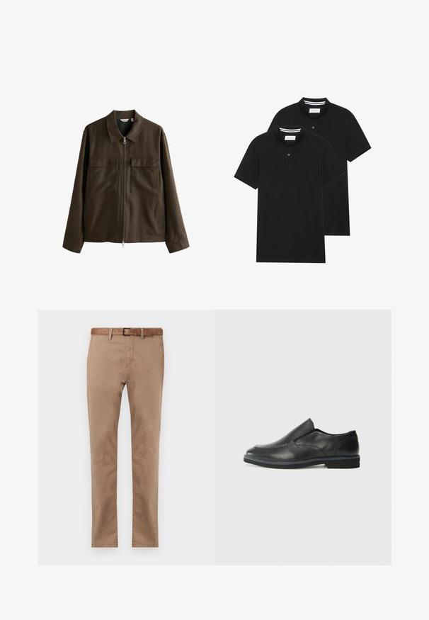 Giacca marrone realizzata in tessuto intrecciato, con colletto, zip frontale, due grandi tasche sul petto e una vestibilità dritta con maniche lunghe.; Due magliette polo nere, con maniche corte, in cotone, con colletto classico, pattina a due bottoni e dettagli a righe bianche all'interno del colletto.; Chinos beige in cotone con vestibilità dritta, dotati di una cintura in pelle marrone, due tasche frontali e una texture liscia.; Scarpa nera in pelle con inserto scivolare, superiore liscio, dettagli cuciti, punta arrotondata e tacco in gomma basso. La suola presenta un battistrada minimale.