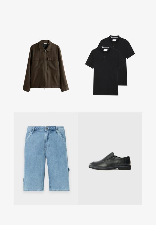 Hnedá bunda vyrobená z tkaného materiálu, s golierom, predným zipsom, dvoma veľkými vreckami na hrudi a rovnými rukávmi.; Dvé čierne polo tričká, krátke rukávy, vyrobené z bavlny, s klasickým golierom, dvojitým gombíkom a bielymi pruhmi vo vnútri goliera.; Svetlomodré džínsy s rovnými nohavicami, so prednými vreckami a bočným cargo vreckom, s vyblednutou textúrou a pútkami na opasok.; Čierny kožený nazúvací topánka s hladkým zvrškom, prešitými akcentmi, zaoblenou špičkou a nízkym gumovým podpätkom. Podošva má minimálny dezén.