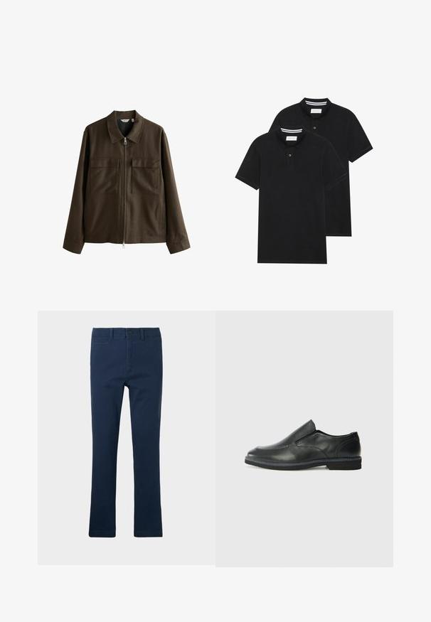 Jachetă maro din pânză țesută, cu guler, fermoar frontal, două buzunare mari pe piept și croială dreaptă cu mâneci lungi.; Două tricouri polo negre, cu mânecă scurtă, din material de bumbac, având un guler clasic, deschidere cu două butoane și accente albe cu dungi în interiorul gulerului.; Pantaloni din bumbac bleumarin cu design drept, dotati cu buzunare frontale, fermoar si o inchidere cu un singur nasture.; Pantof de piele neagră, tip slip-on, cu un superior neted, accente cusute, vârf rotunjit și un toc jos din cauciuc. Talpa are un profil minim de aderență.