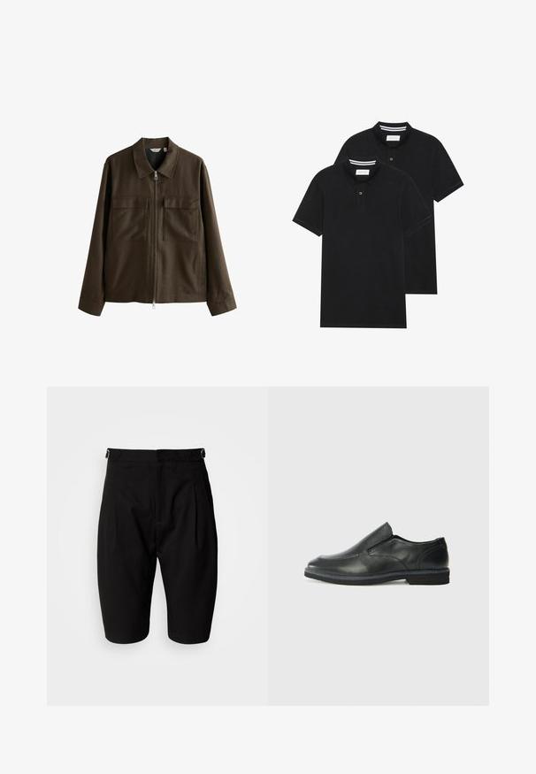 Ruskea takki, joka on valmistettu kudotusta kankaasta, jossa on kauluksellinen kaula, etuvetoketju, kaksi suurta rintataskua ja suora leikkaus pitkillä hihoilla.; Kaksi mustaa lyhythihaista poolopaitaa, puuvillamateriaalia, joissa on klassinen kaulus, kahden napin napitus ja valkoiset raidat kauluksen sisällä.; Mustat shortsit, jotka on valmistettu sileästä kankaasta, ja niissä on pleatattu etuosa, vyölenkit ja räätälöity muotoilu, joka on suora leikkaus polven yläpuolelle.; Musta nahkainen liukujalkine, jossa on sileä pinta, ommeltuja yksityiskohtia, pyöristetty kärki ja matala kumipohja. Pohjassa on minimaalinen pito.