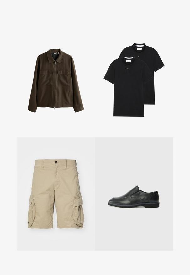 Veste marron en tissu tissé, avec un col, une fermeture éclair sur le devant, deux grandes poches sur la poitrine et une coupe droite avec des manches longues.; Deux polos noirs, à manches courtes, en coton, avec un col classique, une patte de boutonnage à deux boutons, et des accents rayés blancs à l'intérieur du col.; Shorts cargo beiges en tissu de coton, avec des poches latérales, une fermeture à bouton et une coupe droite. Textures lisses.; Chaussure slip-on en cuir noir avec une tige lisse, des accents cousus, un bout arrondi et un petit talon en caoutchouc. La semelle présente un profil de traction minimal.
