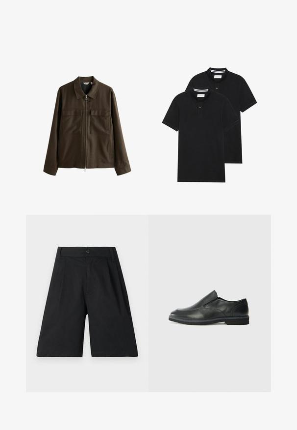 Giacca marrone realizzata in tessuto intrecciato, con colletto, zip frontale, due grandi tasche sul petto e una vestibilità dritta con maniche lunghe.; Due magliette polo nere, con maniche corte, in cotone, con colletto classico, pattina a due bottoni e dettagli a righe bianche all'interno del colletto.; Pantaloni corti neri in cotone, con taglio dritto, pieghe, chiusura con bottone e una consistenza liscia. Nessun motivo o dettaglio visibile.; Scarpa nera in pelle con inserto scivolare, superiore liscio, dettagli cuciti, punta arrotondata e tacco in gomma basso. La suola presenta un battistrada minimale.
