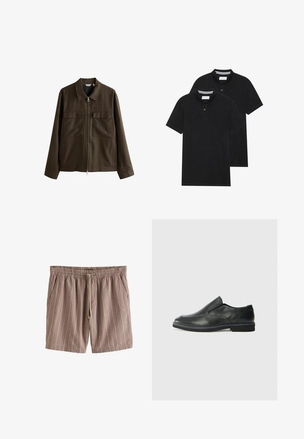 Brązowa kurtka wykonana z tkaniny o splocie, z kołnierzykiem, zamkiem z przodu, dwoma dużymi kieszeniami na piersi oraz prostym krojem z długimi rękawami.; Dwie czarne koszulki polo z krótkim rękawem, wykonane z materiału bawełnianego, z klasycznym kołnierzykiem, z zapięciem na dwa guziki oraz białymi paskami wewnątrz kołnierza.; Brązowe szorty w paski wykonane z lekkiego materiału, wyposażone w elastyczny pas, sznurki do regulacji oraz boczne kieszenie.; Czarne skórzane buty wsuwane z gładką cholewką, przeszyciami, okrągłym noskiem i niskim gumowym obcasem. Podeszwa ma minimalny bieżnik.
