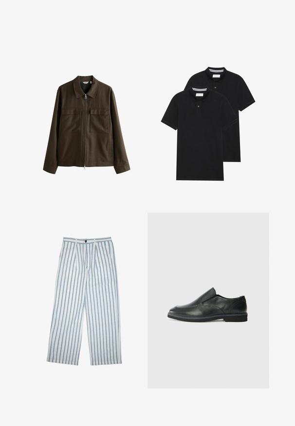 Smeđi kaput od tkanine suzvane, s ovratnikom, prednjim patentnim zatvaračem, dva velika džepa na prsima i ravnim krojem s dugim rukavima.; Dva crna polo majice, kratki rukavi, pamučni materijal, sa klasičnom ovratnikom, čepom sa dva gumba i bijelim prugastim detaljima unutar ovratnika.; Lagani hlače od mješavine lana s plavim i bijelim vertikalnim prugama, s gumbom za zatvaranje i širokim, opuštenim krojem.; Crne kožne cipele na sklapanje s glatkom gornjom površinom, prošivenim detaljima, zaobljenim vrhom i niskim gumene potplate. Potplat ima minimalne uzorke.