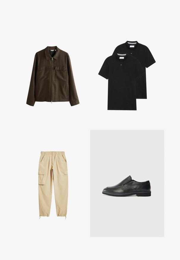 Ruda striukė iš audinio, su apykakle, priekyje su užtrauktuku, dviem didelėmis krūtinės kišenėmis ir tiesiu pasiuvimu su ilgomis rankovėmis.; Du žaidimų juodos polo marškiniai, trumpomis rankovėmis, pagaminti iš medvilnės, su klasikinėmis apykaklėmis, dviem mygtukais priekyje ir baltais dryžiais apykaklės viduje.; Šviesiai rudos spalvos cargo kelnės, pagamintos iš lengvos medžiagos, su elastingu juosmeniu, šoninėmis kišenėmis ir raišteliu ties kulkšna. Yra atspausdintas tekstas.; Juodai odiniai įtvirtinimo batai su lygiu paviršiumi, siuvinėjimo akcentais, apvalia nosimi ir žemu guminiu kulnu. Pado raštas minimalus.