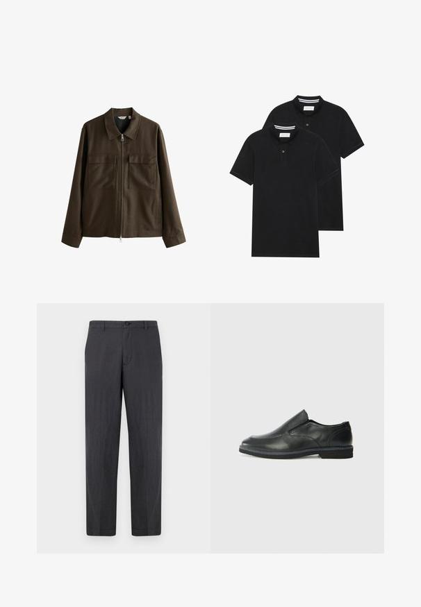 Brūns jaciņa, kas izgatavota no auduma, ar apkakli, priekšējo rāvējslēdzi, divām lielām krūšu kabatām un taisnu griezumu ar garām piedurknēm.; Divas melnas polo krekli, īsām piedurknēm, no kokvilnas materiāla, ar klasisku apkakli, divu pogu aizdari un balti svītroti akcenti apkakles iekšpusē.; Tumši pelēki taisni bikses, kas izgatavotas no viegla auduma. Iekļauj pogu aizdari un plakanu daļu bez redzamām kabatām. Gluda tekstūra.; Melnas ādas slip-on kurpes ar gludu augšdaļu, izšūtām akcentiem, noapaļotu purngala daļu un zemu gumijas papēdi. Zole ar minimālu rakstu.