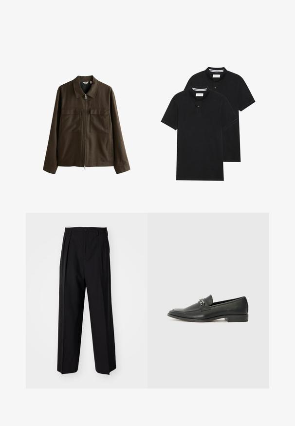 Ruda striukė iš audinio, su apykakle, priekyje su užtrauktuku, dviem didelėmis krūtinės kišenėmis ir tiesiu pasiuvimu su ilgomis rankovėmis.; Du žaidimų juodos polo marškiniai, trumpomis rankovėmis, pagaminti iš medvilnės, su klasikinėmis apykaklėmis, dviem mygtukais priekyje ir baltais dryžiais apykaklės viduje.; Juodi klostuoti kelnių, su tiesiu, plačiu kojų dizainu. Pagaminti iš lygios medžiagos, su mygtukų uždarymu ir diržo kilputėmis.; Juodos odinės loafer tipo bateliai su lygiu paviršiumi, turintys siuvinėtą dizainą ir dekoratyvų metalo grandinėlės akcentą ant batų viršaus. Plokščias kulnas.
