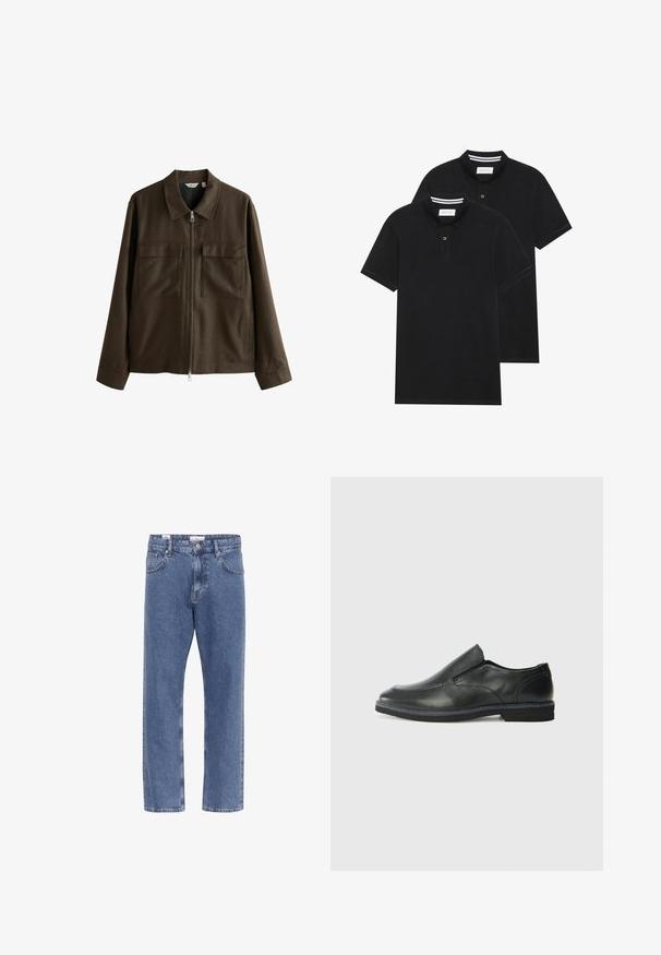 Ruda striukė iš audinio, su apykakle, priekyje su užtrauktuku, dviem didelėmis krūtinės kišenėmis ir tiesiu pasiuvimu su ilgomis rankovėmis.; Du žaidimų juodos polo marškiniai, trumpomis rankovėmis, pagaminti iš medvilnės, su klasikinėmis apykaklėmis, dviem mygtukais priekyje ir baltais dryžiais apykaklės viduje.; Šviesiai mėlynos džinsinės kelnės su tiesia kojų forma, penkiais kišeniais ir juosmeniu su etiketės užsegimu. Sklandus paviršius su klasikiniu siuvinėjimu.; Juodai odiniai įtvirtinimo batai su lygiu paviršiumi, siuvinėjimo akcentais, apvalia nosimi ir žemu guminiu kulnu. Pado raštas minimalus.