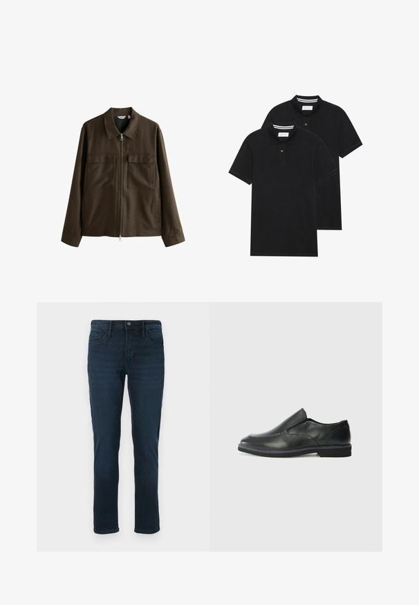 Hnedá bunda vyrobená z tkaného materiálu, s golierom, predným zipsom, dvoma veľkými vreckami na hrudi a rovnými rukávmi.; Dvé čierne polo tričká, krátke rukávy, vyrobené z bavlny, s klasickým golierom, dvojitým gombíkom a bielymi pruhmi vo vnútri goliera.; Tmavomodré džínsy z denimu so strihom s rovnými nohavicami, s piatimi vreckami, zapínaním na gombík a jemným vyblednutím vpredu.; Čierny kožený nazúvací topánka s hladkým zvrškom, prešitými akcentmi, zaoblenou špičkou a nízkym gumovým podpätkom. Podošva má minimálny dezén.